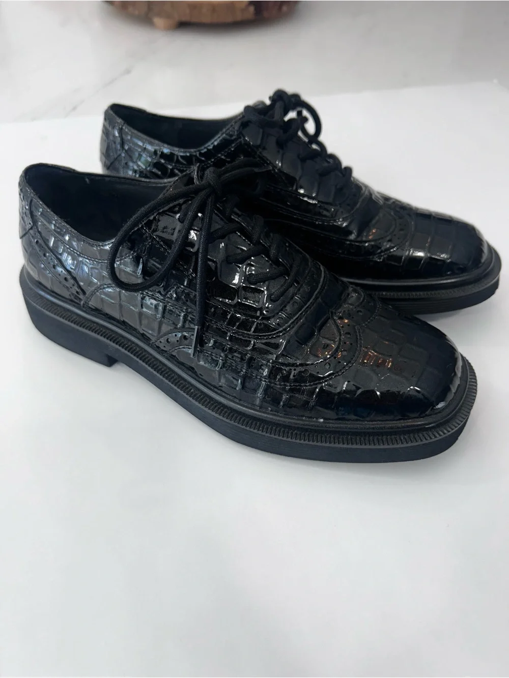 Franco Sarto Black Croc-Embossed Derby Lace-Up Shoes